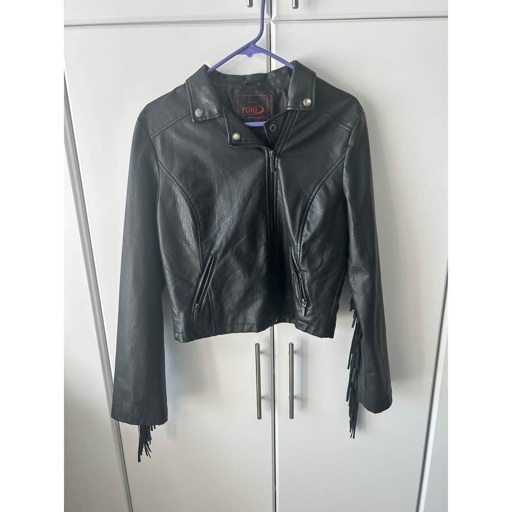 Yoki New‎ York Black Faux Leather Fringe Moto Jacket Western Biker Cropped Small